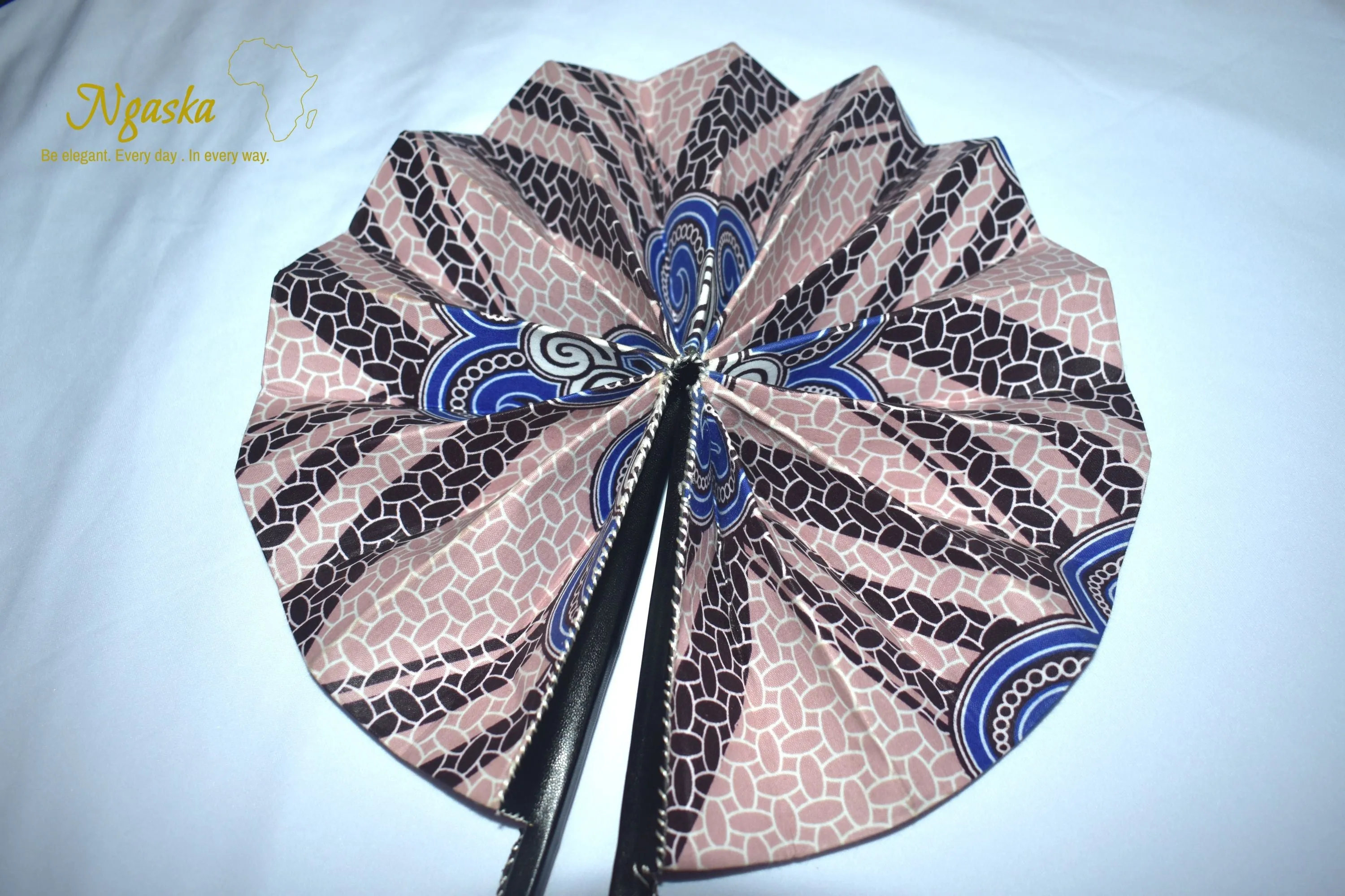 African Ankara Leather Handheld Fan, Baby Pink - FAN-29