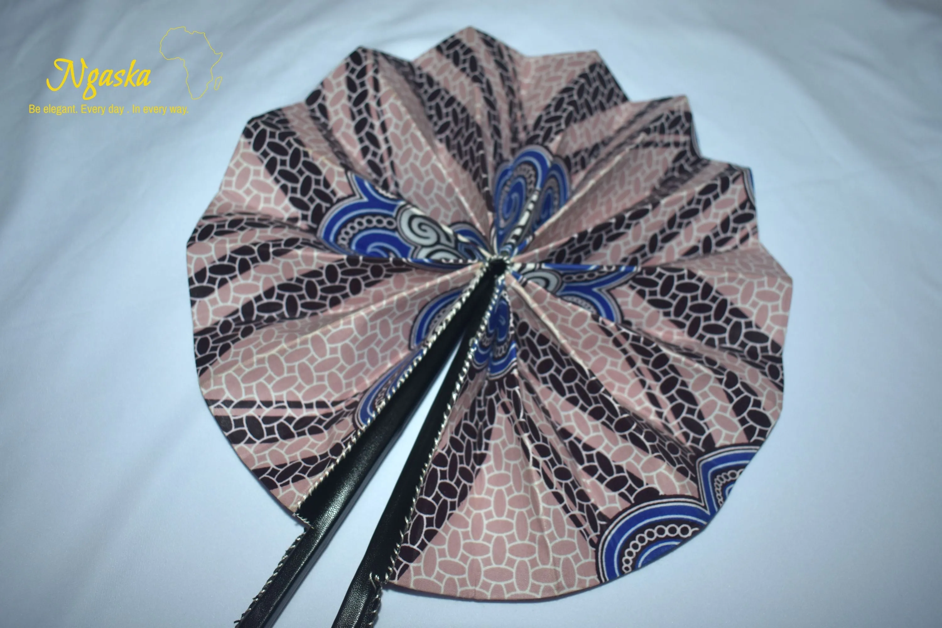 African Ankara Leather Handheld Fan, Baby Pink - FAN-29