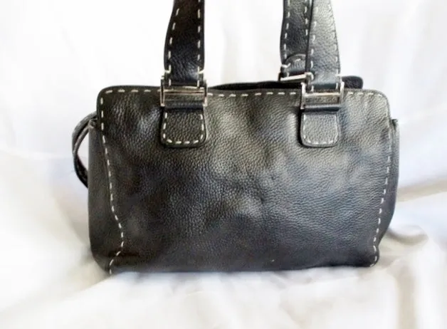 ASHNEIL Leather Satchel Purse Shoulder Bag Tote Silver BLACK Stitch Pebbled