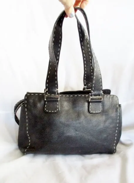 ASHNEIL Leather Satchel Purse Shoulder Bag Tote Silver BLACK Stitch Pebbled