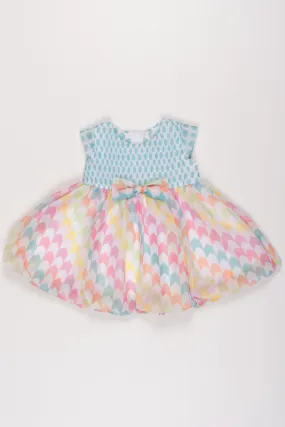 Baby Girl's Mint Green Polka Dot Frock with Pastel Chevron Skirt and Decorative Bow