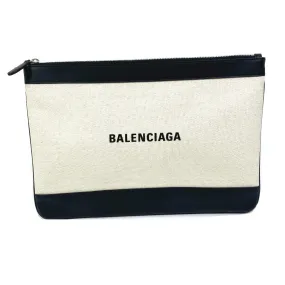 BALENCIAGA Clutch bag 420407 Canvas, Leather Ivory logo Navy clip M unisex(Unisex) Used Authentic