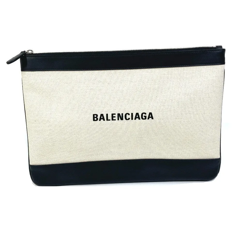 BALENCIAGA Clutch bag 420407 Canvas, Leather Ivory logo Navy clip M unisex(Unisex) Used Authentic