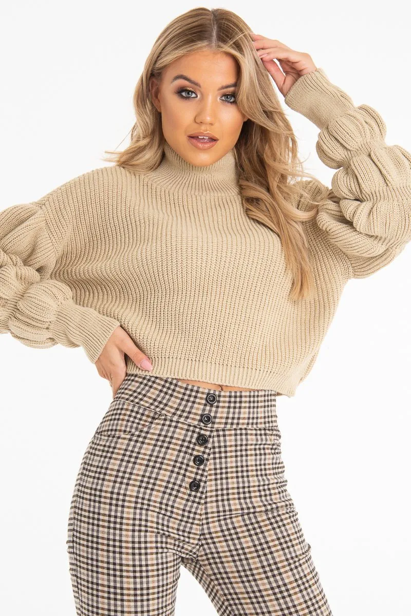 Beige Knitted Puff Arm High Neck Jumper - Lola