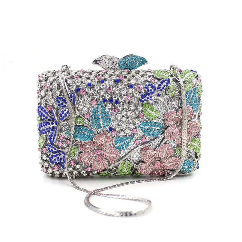 Blooming Pink Flowers Rhinestone Evening Bag,Wedding Clutch-i7bags