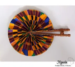 Blue Brown Yellow and Blue Kente African Print Fan FAN-5