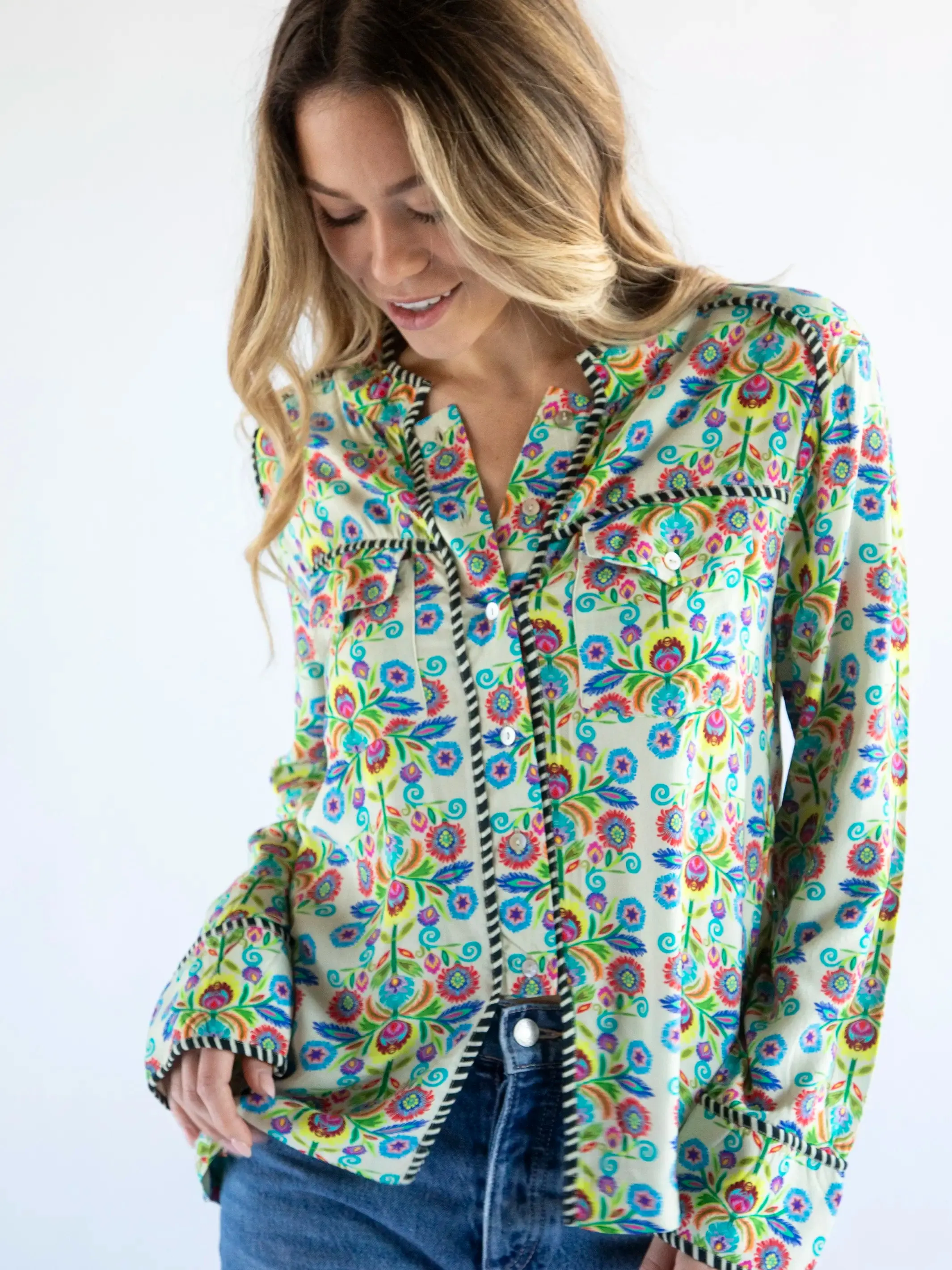 Calypso Button Down - Cream Multi Fan Floral