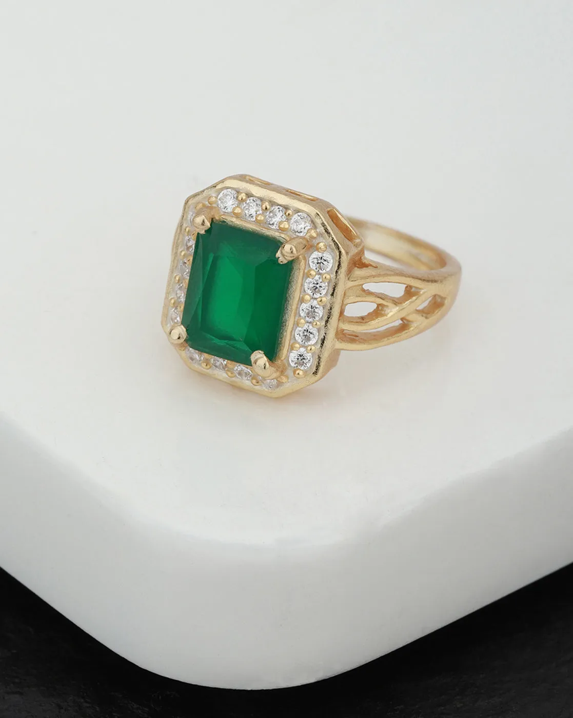 Carlton London Gold Plated Green Stone Studded Contemporary Finger Ring For Women