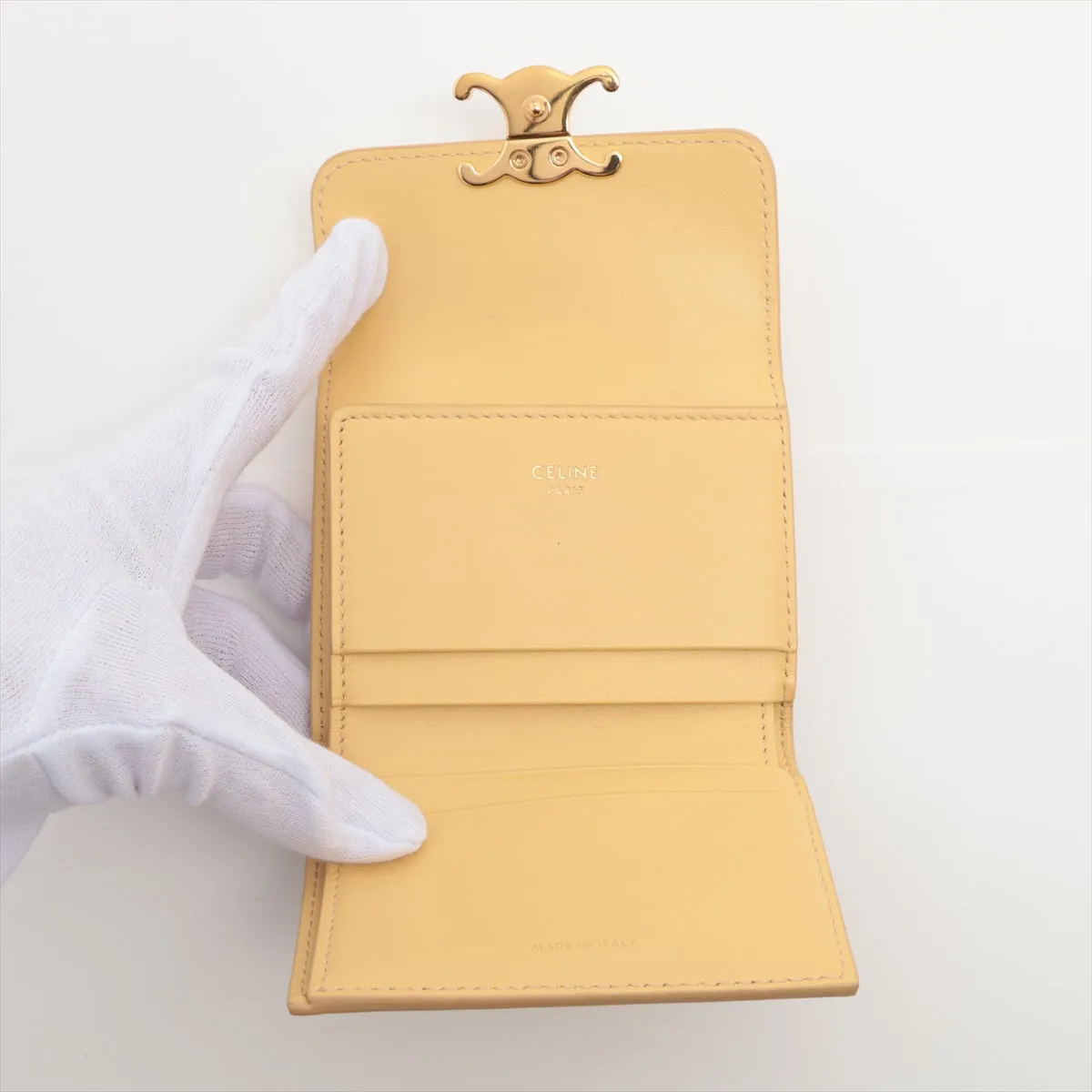 CELINE Triomphe Compact Wallet Coin Purse Leather Compact Wallet Yellow