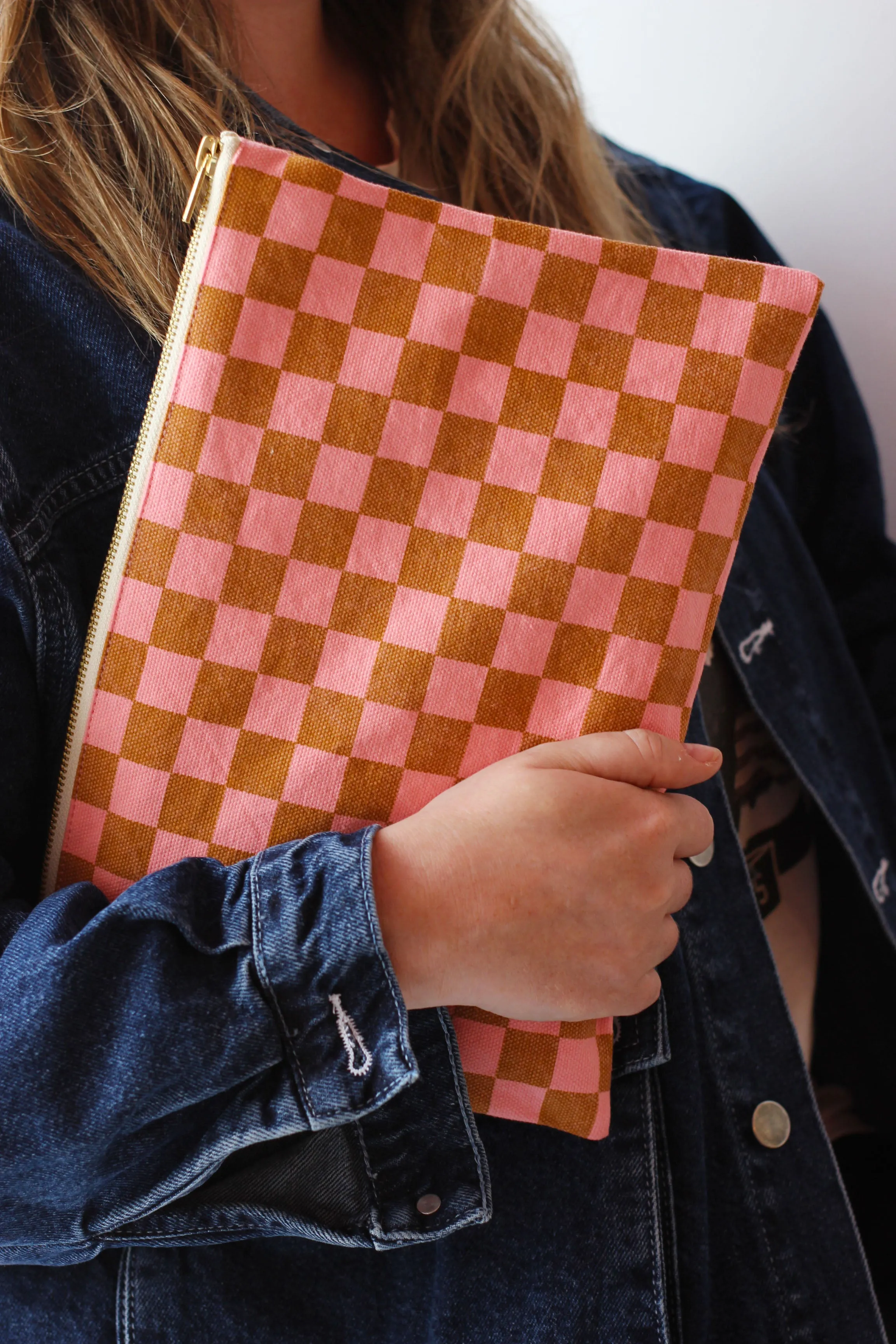 Checkered Strawberry/ Caramel Pouch/ Clutch Bag