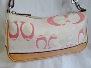 COACH 7027 Signature Demi Leather Clutch Wristlet Pouch Baguette Bag BEIGE PINK WHITE