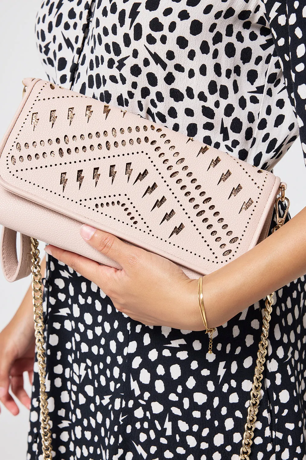 COMING SOON: Taupe with Gold Lightning Bolt Laser Cut Clutch Bag