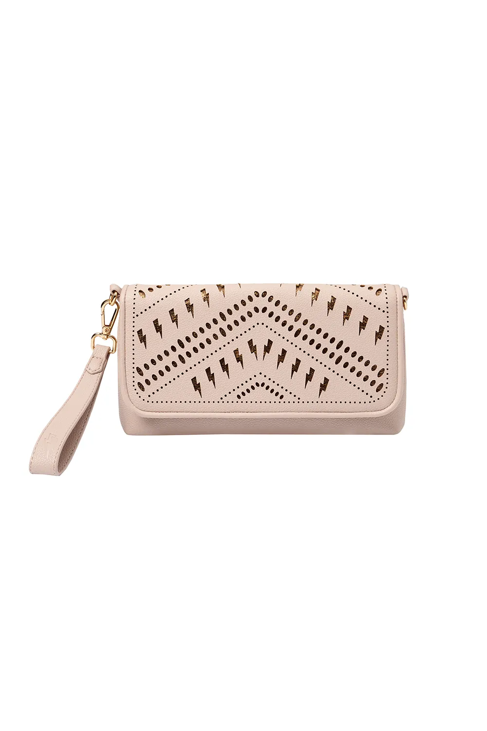 COMING SOON: Taupe with Gold Lightning Bolt Laser Cut Clutch Bag