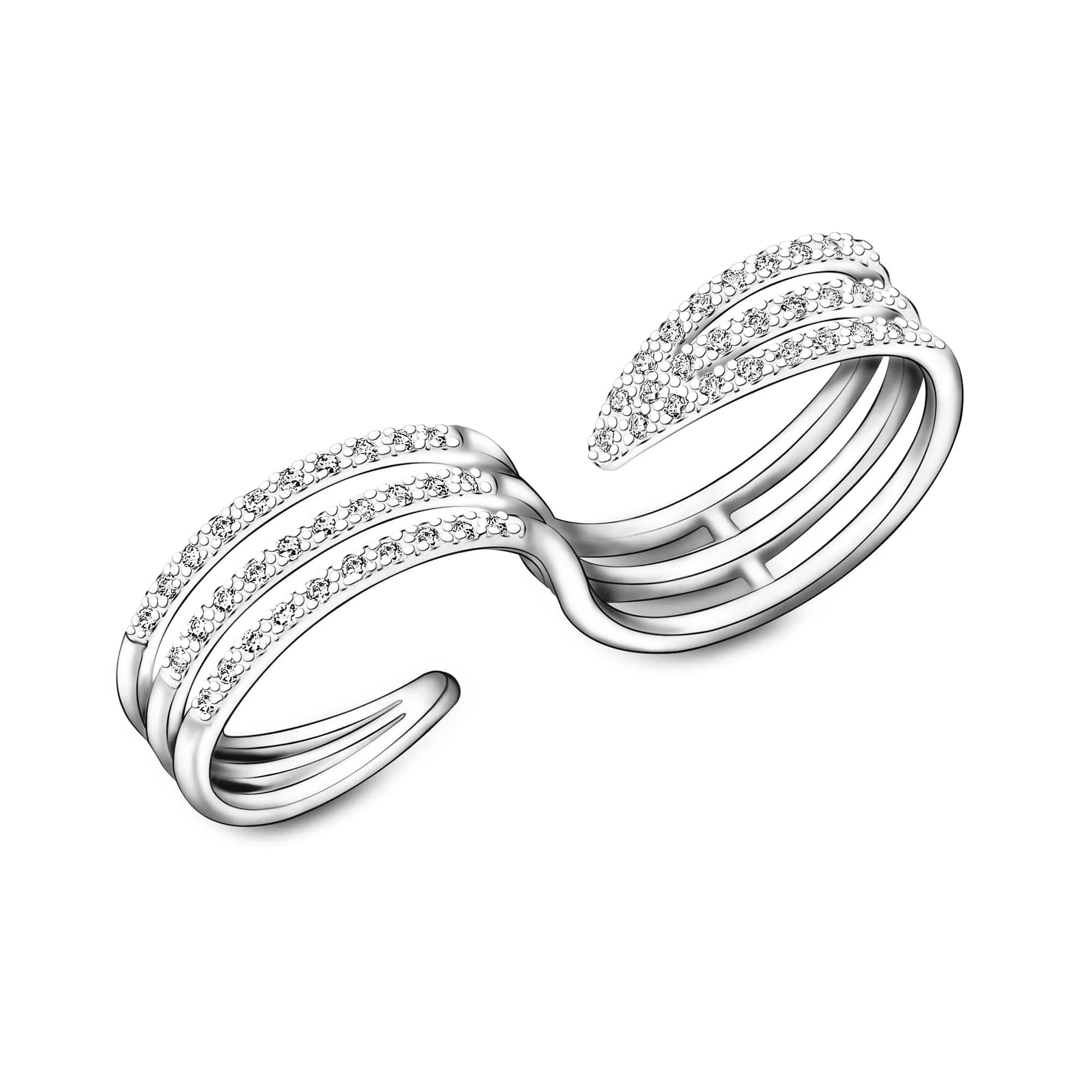 CZ Triple Line Two Finger Ring Silver Adjustable