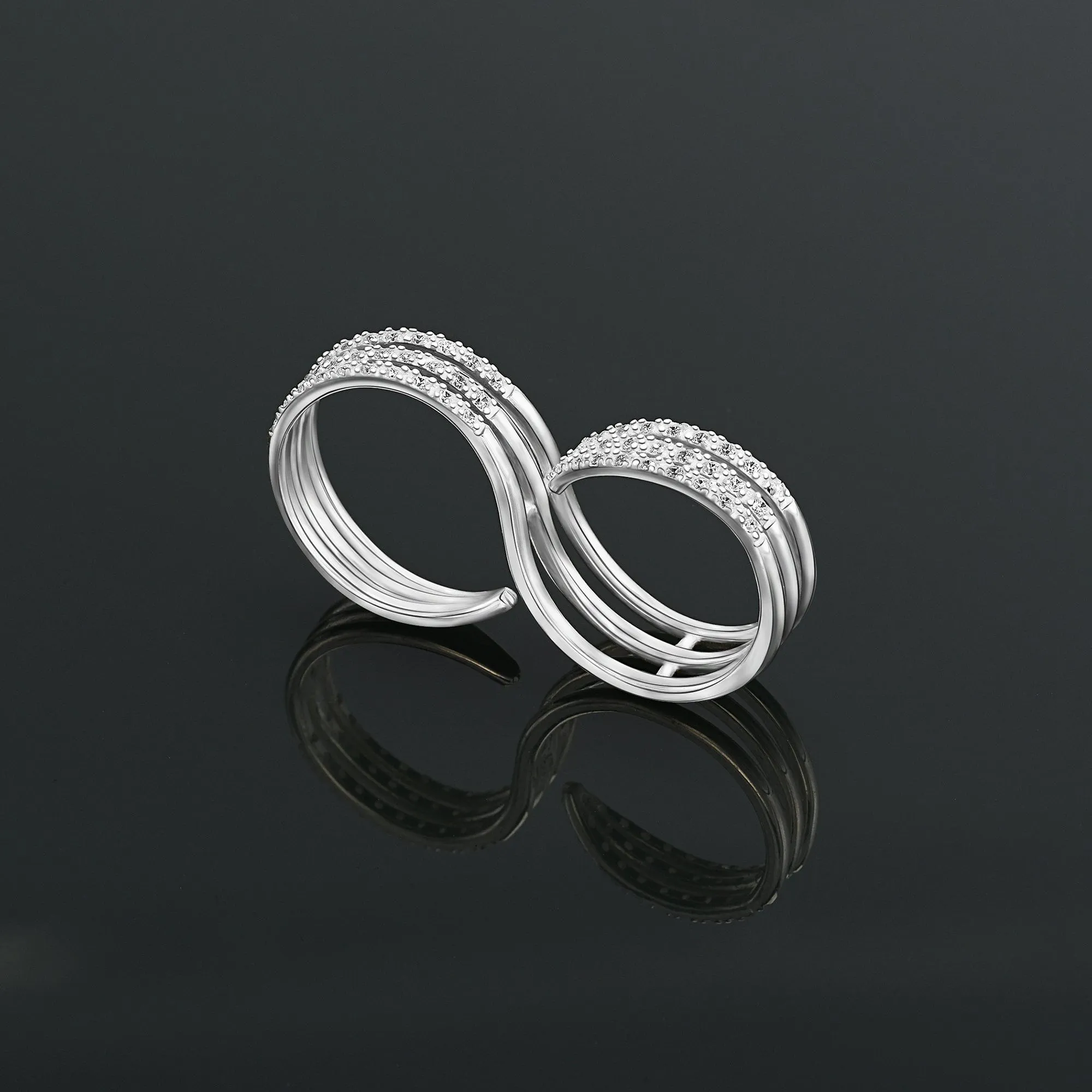 CZ Triple Line Two Finger Ring Silver Adjustable