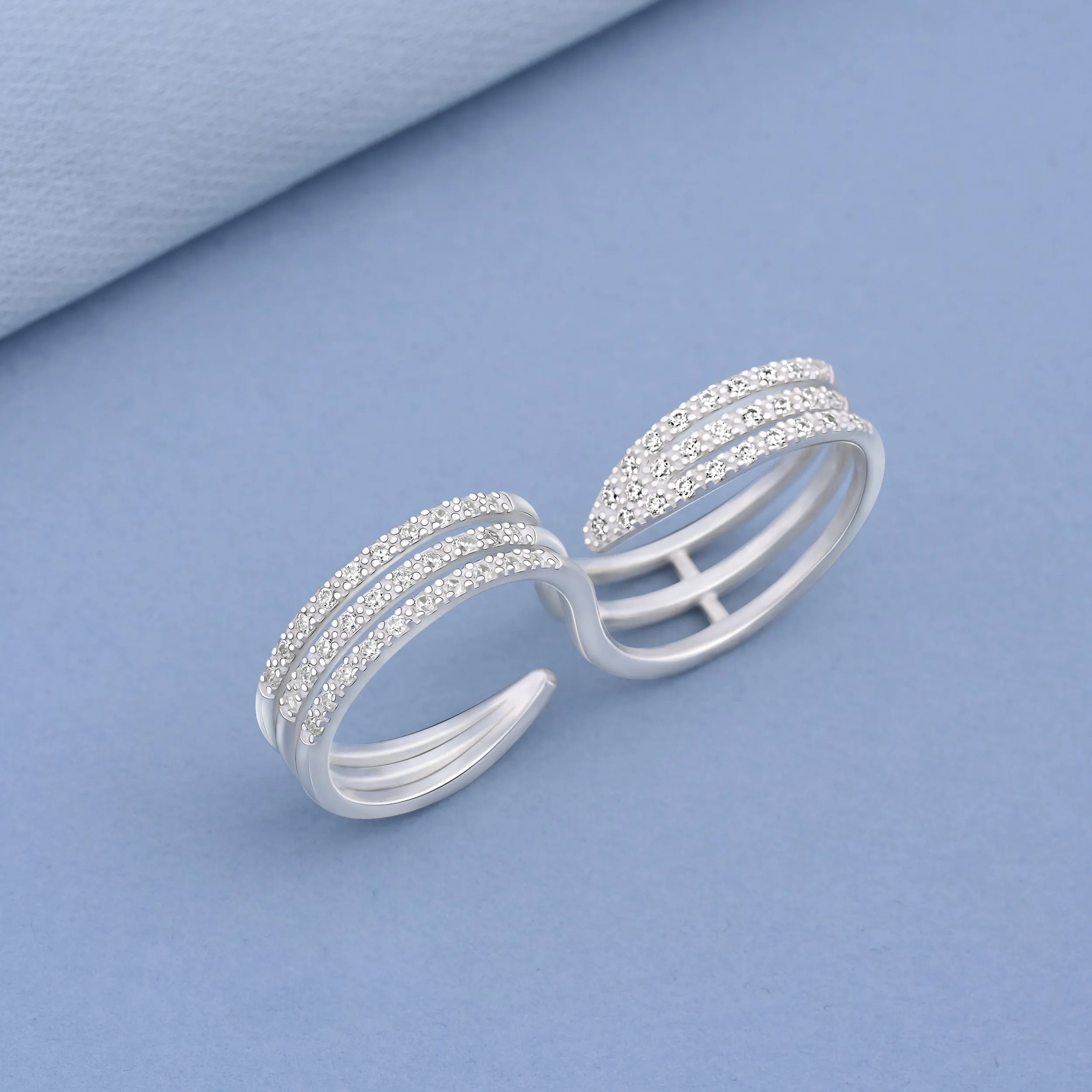 CZ Triple Line Two Finger Ring Silver Adjustable