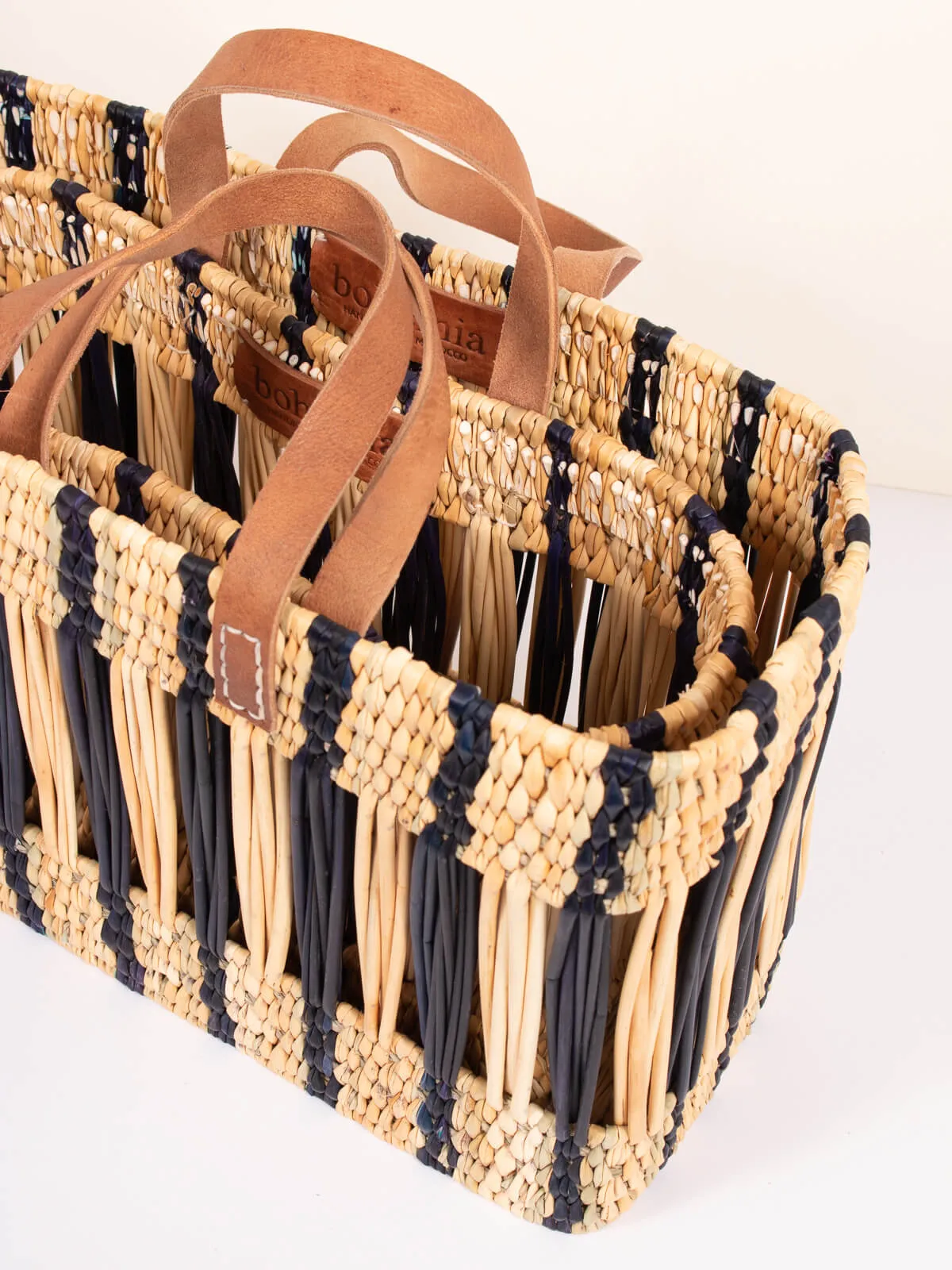 Decorative Reed Basket, Indigo Stripe