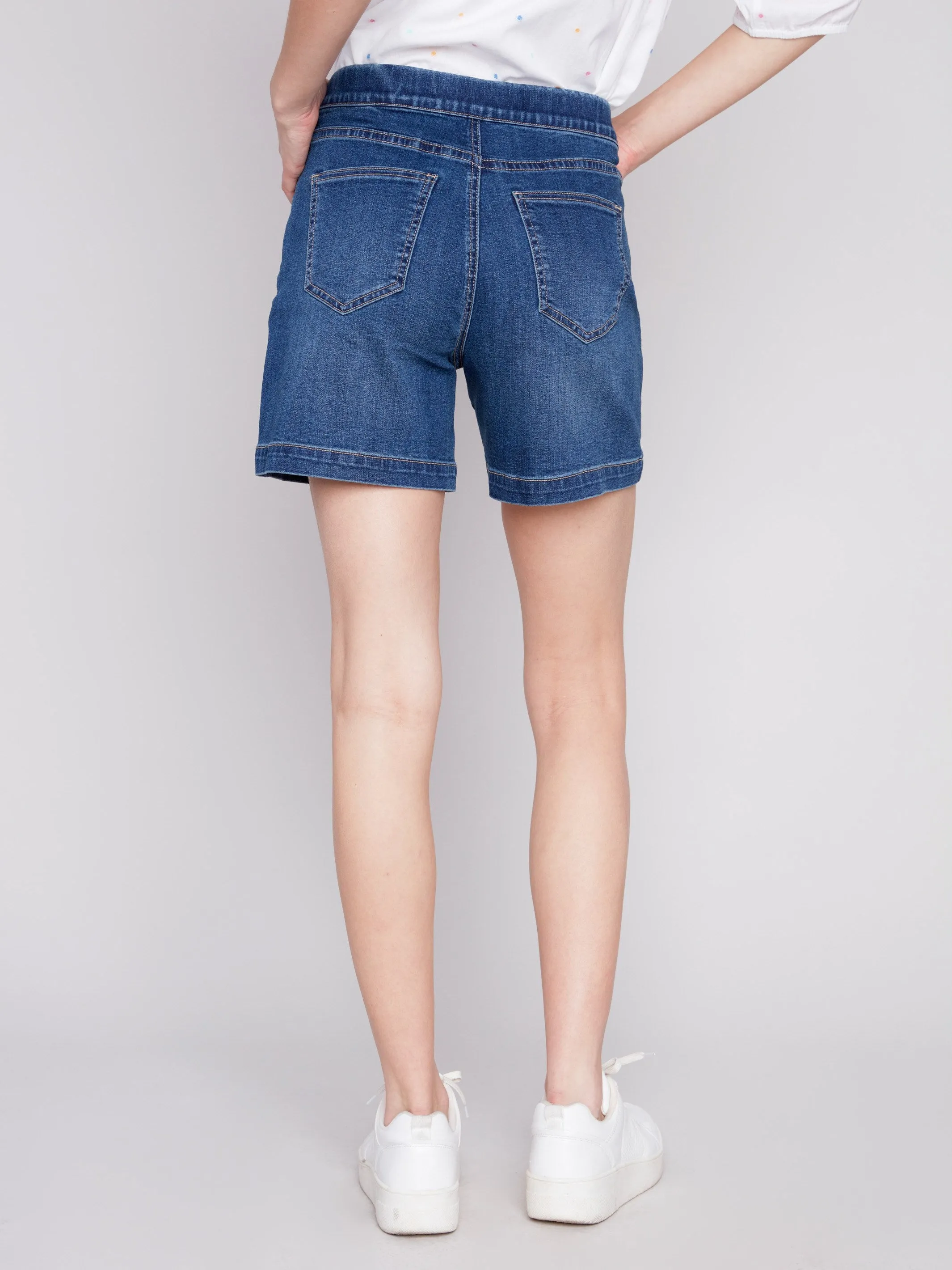 Denim Shorts with Decorative Buttons - Indigo