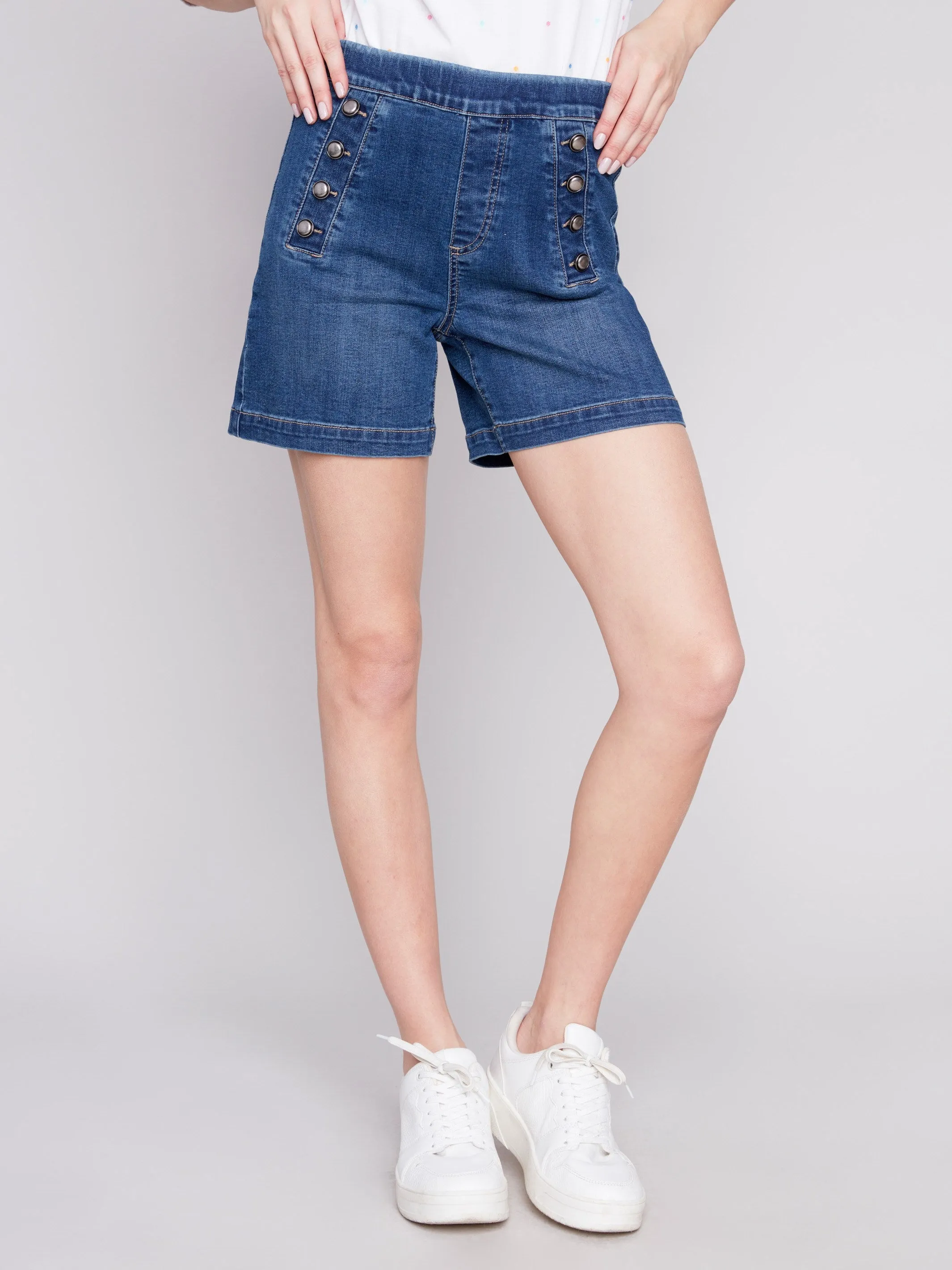 Denim Shorts with Decorative Buttons - Indigo