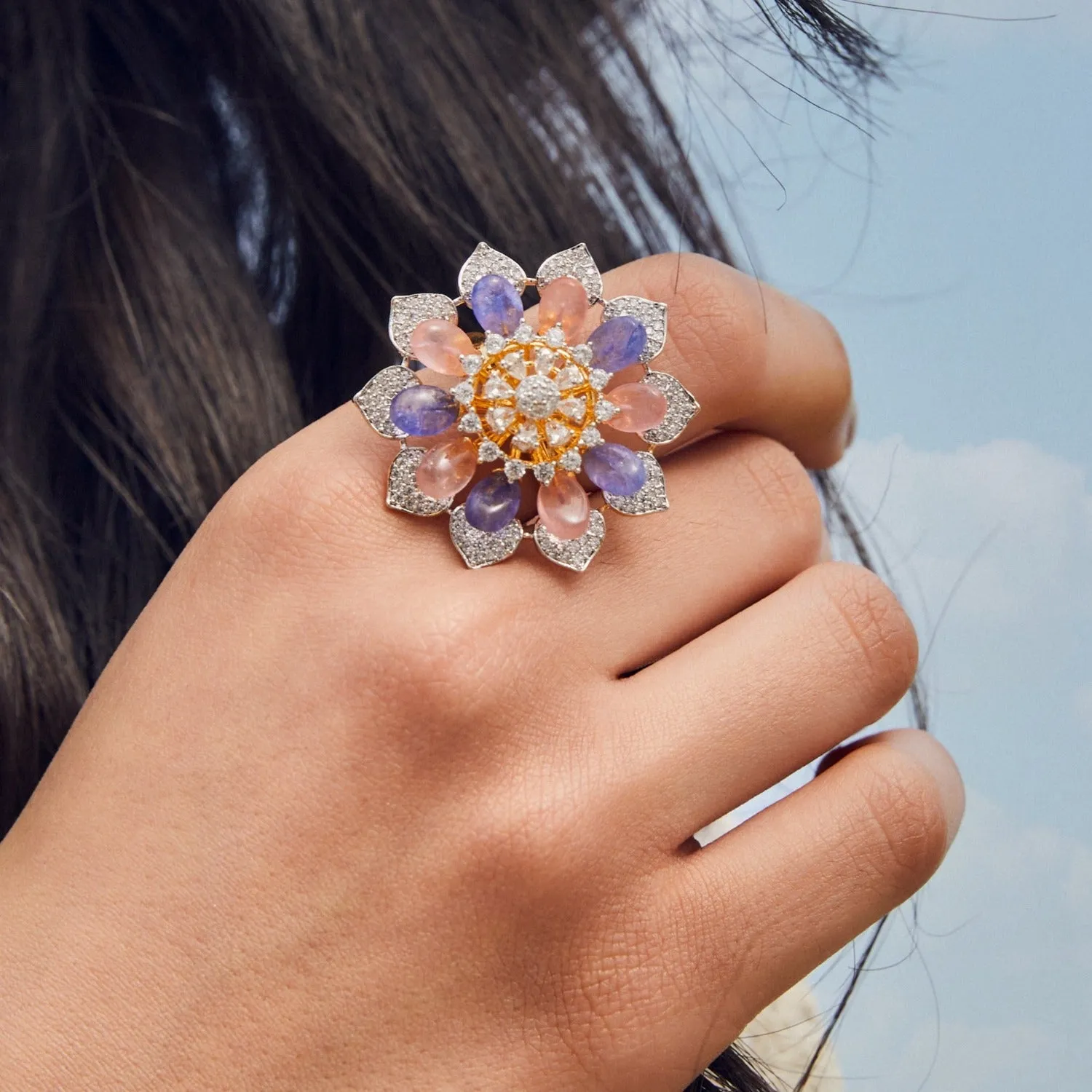 Floral Bloom CZ Silver Finger Ring