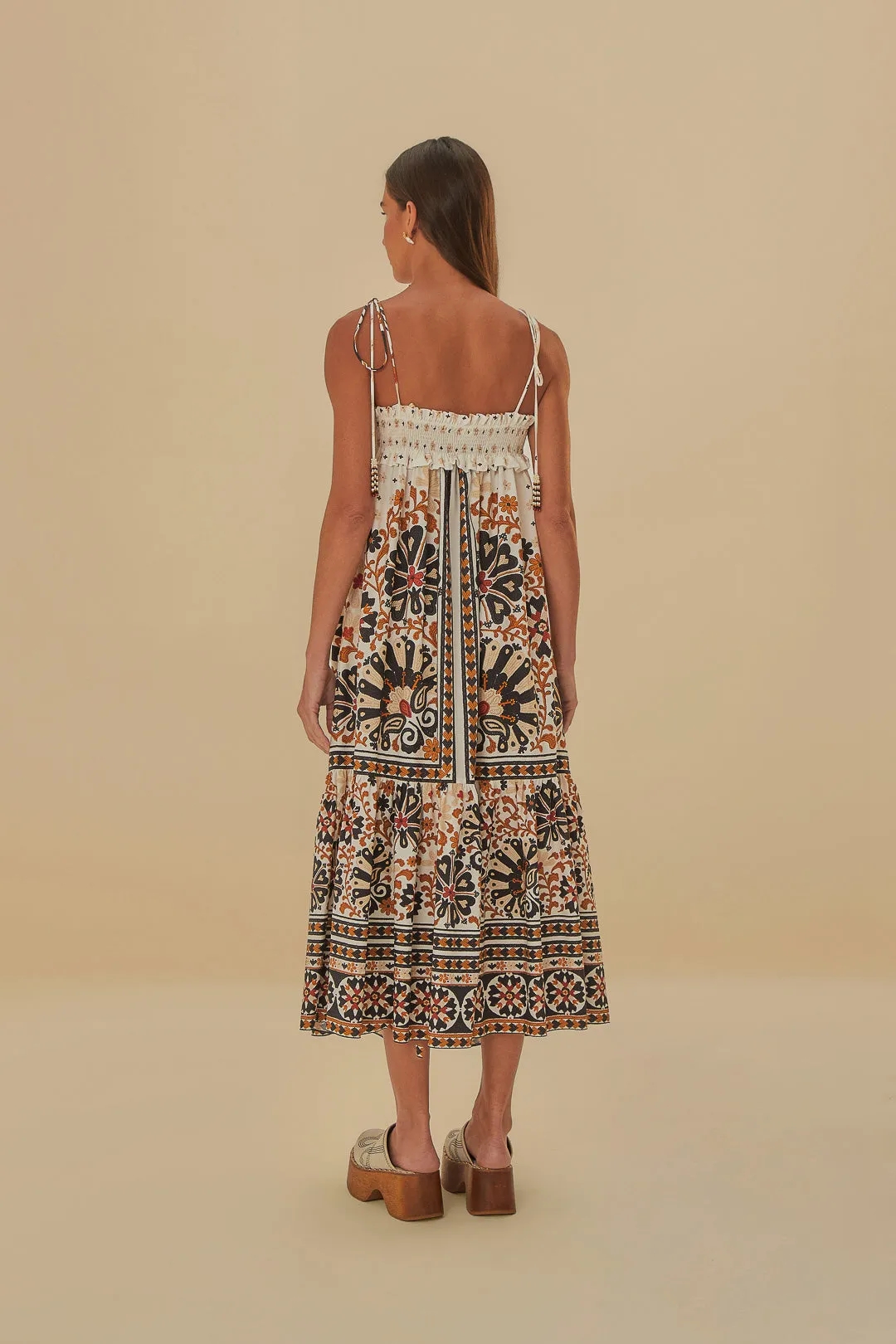 Flower Fan Tapestry Off-White Midi Dress