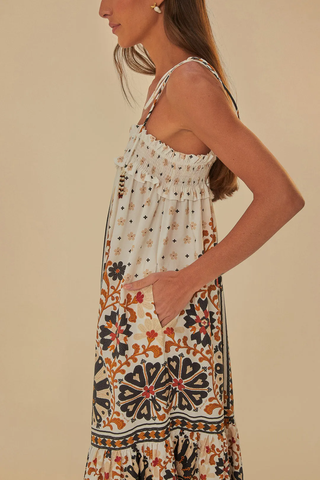 Flower Fan Tapestry Off-White Midi Dress