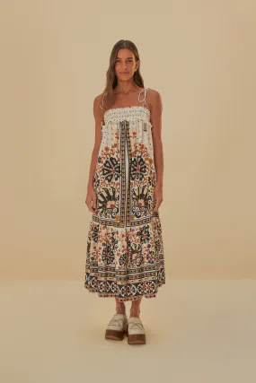 Flower Fan Tapestry Off-White Midi Dress