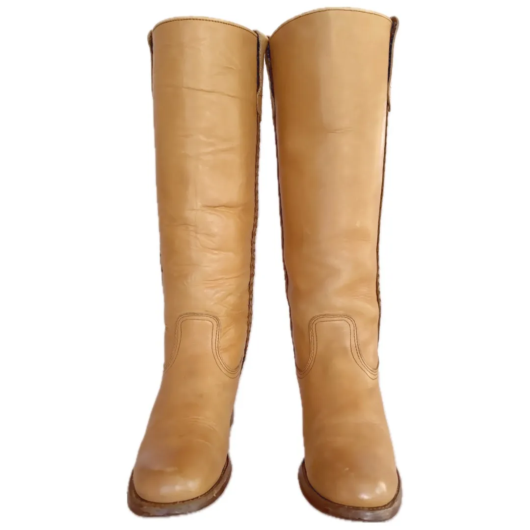 FRYE Vintage Campus Sabrina Braided Tall Knee High Tan Leather Boots