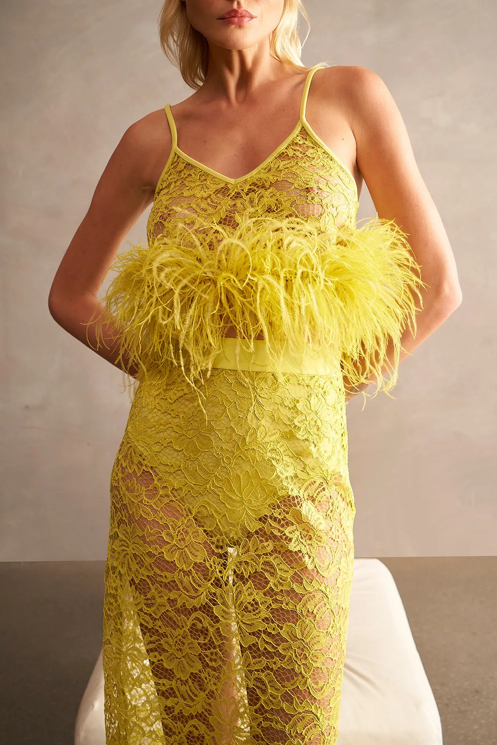 Guipure Lace Top & Skirt Feathered Set