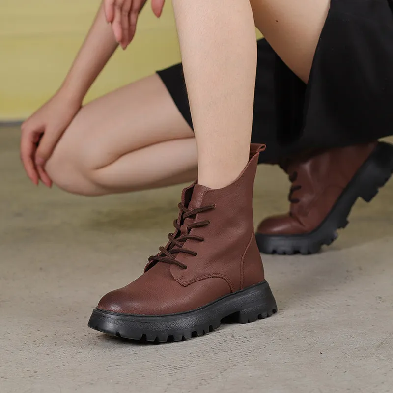 Handmade Genuine Leather Biker Boots Lace-Up Combat Boots Retro Chunky Ankle Boots Coffee/Khaki