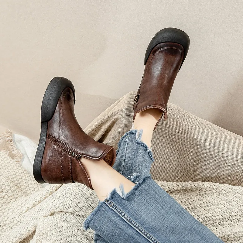 Handmade Genuine Leather Short Boots Rubber Cap Retro Ankle Boots in Brown/Coffee