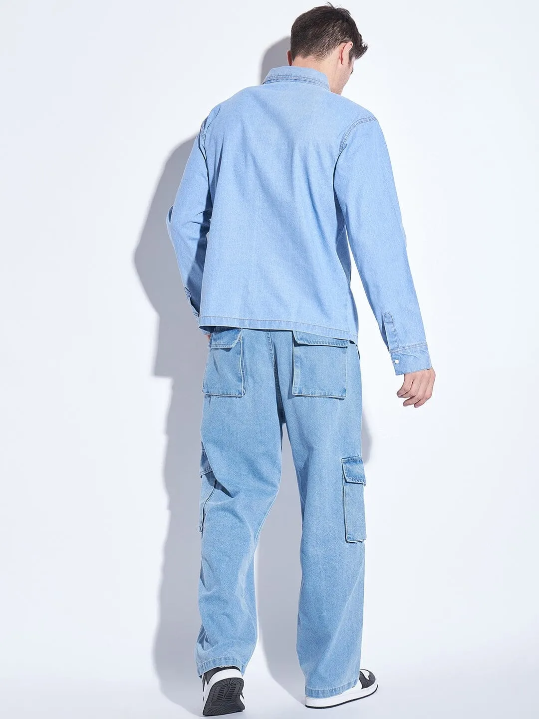 Ice Washed Denim Carpenter Shirt and Jeans Combo Clothing Set