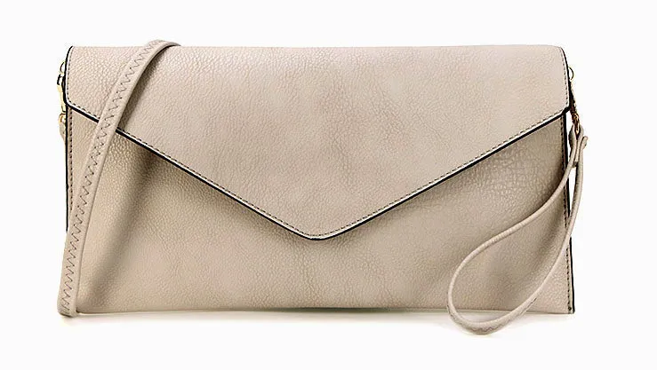 LIGHT GREY OVER-SIZED ENVELOPE CLUTCH BAG WITH LONG CROSS BODY AND WRISTLET STRAP