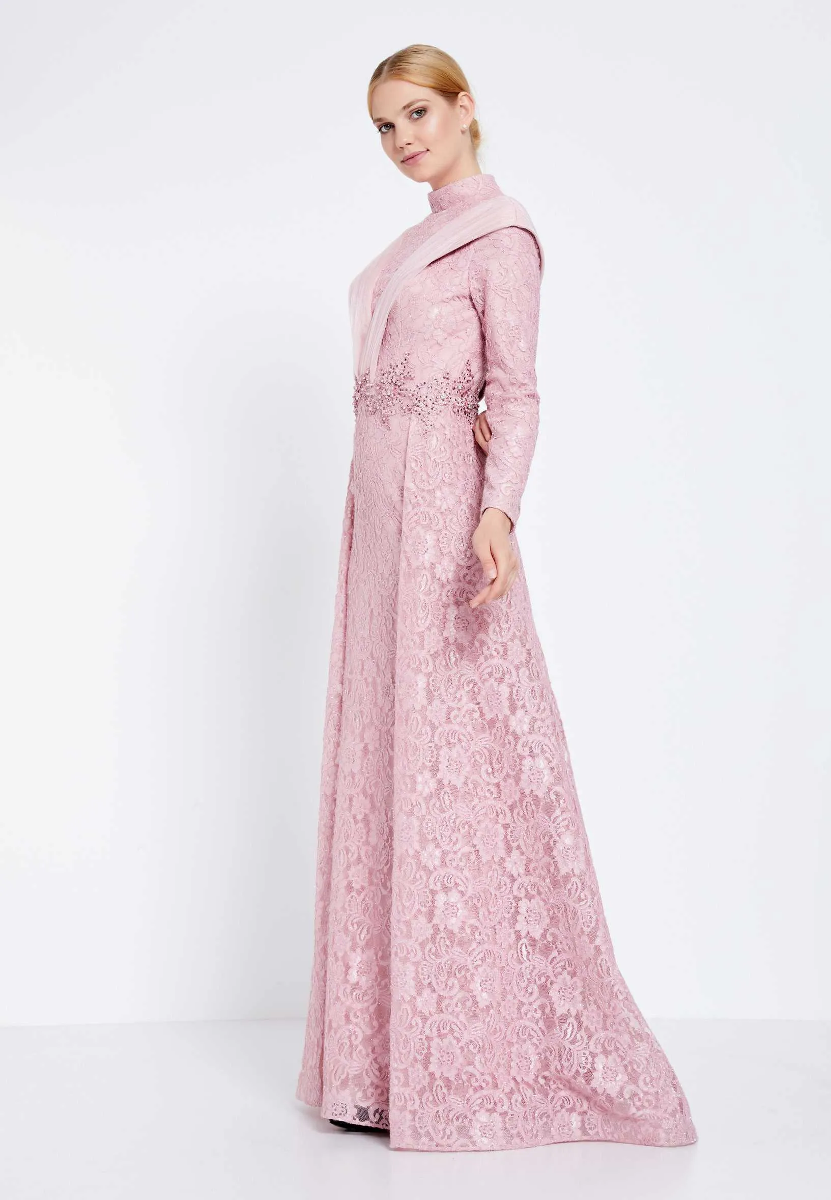 Modest Lace Full Sleeve Double Skirt Long Dress - Pink