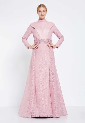 Modest Lace Full Sleeve Double Skirt Long Dress - Pink