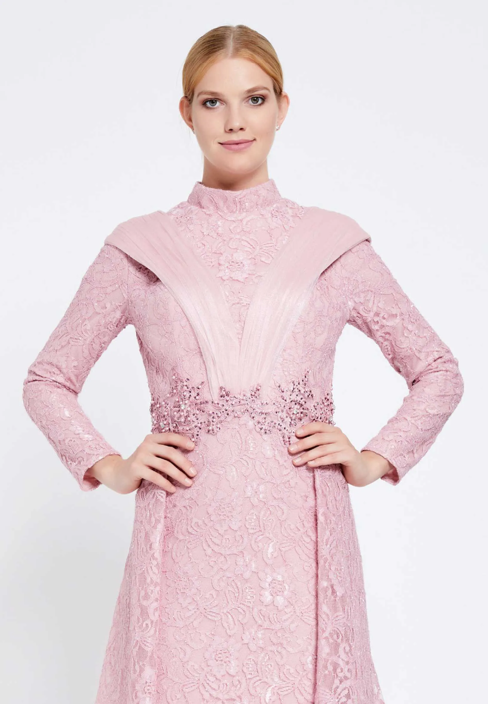 Modest Lace Full Sleeve Double Skirt Long Dress - Pink