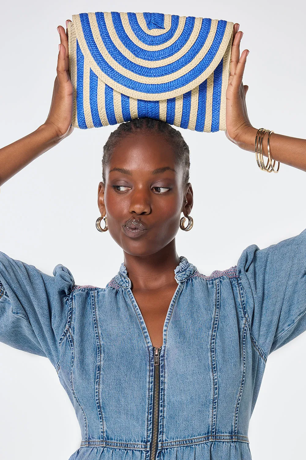 Natural with Blue Stripe Woven Clutch Bag