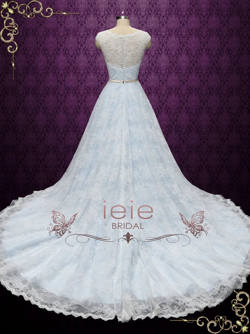 Powder Blue Lace Wedding Dress with Center Split Lace Skirt CHARICE