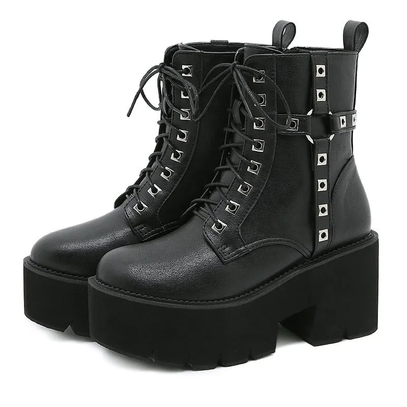 'Raven' Black Goth Alt Studded Strap Boots