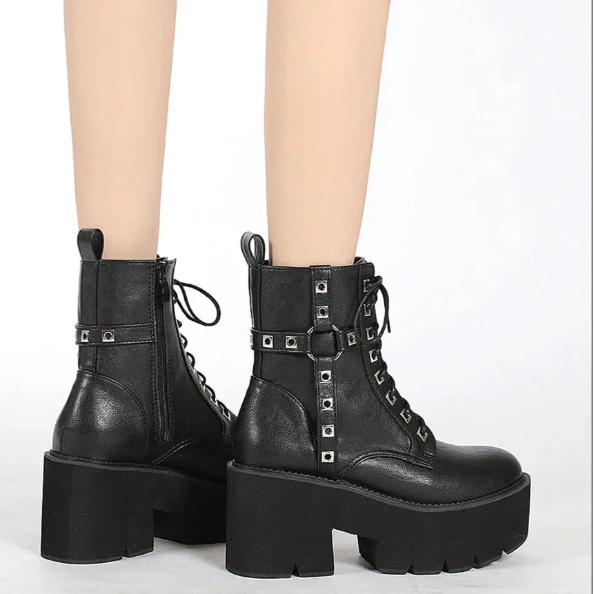 'Raven' Black Goth Alt Studded Strap Boots