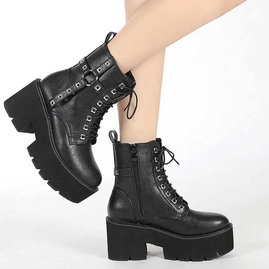 'Raven' Black Goth Alt Studded Strap Boots