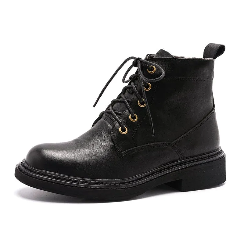 Retro Martin Boots Brush-Off Leather Round Toe Low Heel Bottine Flat Ankle Boots Black/Coffee