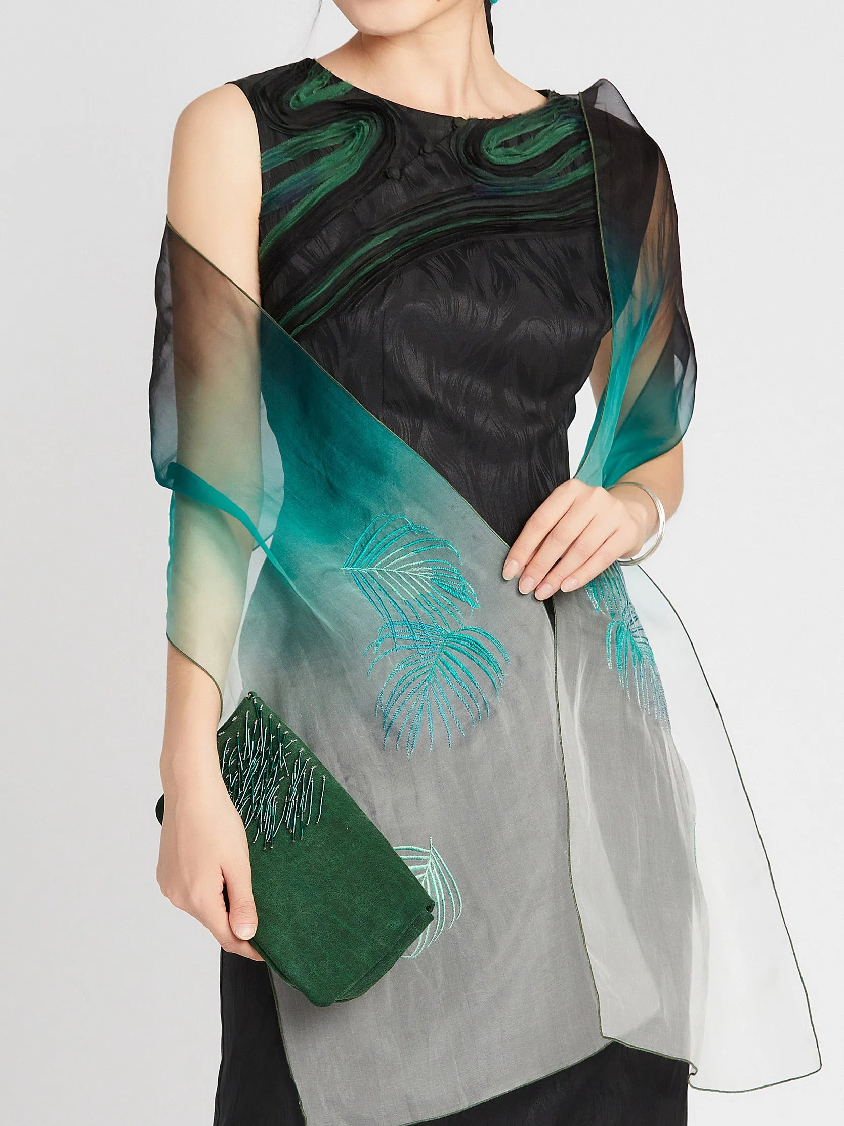 Silk embroidered dip-dye scarf