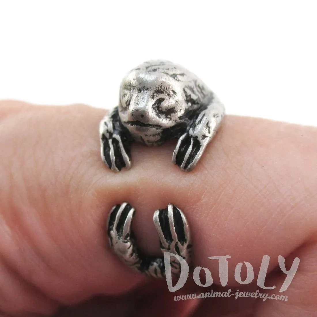 Three Toed Sloth Shaped Animal Wrapped Around Your Finger Ring in Silver