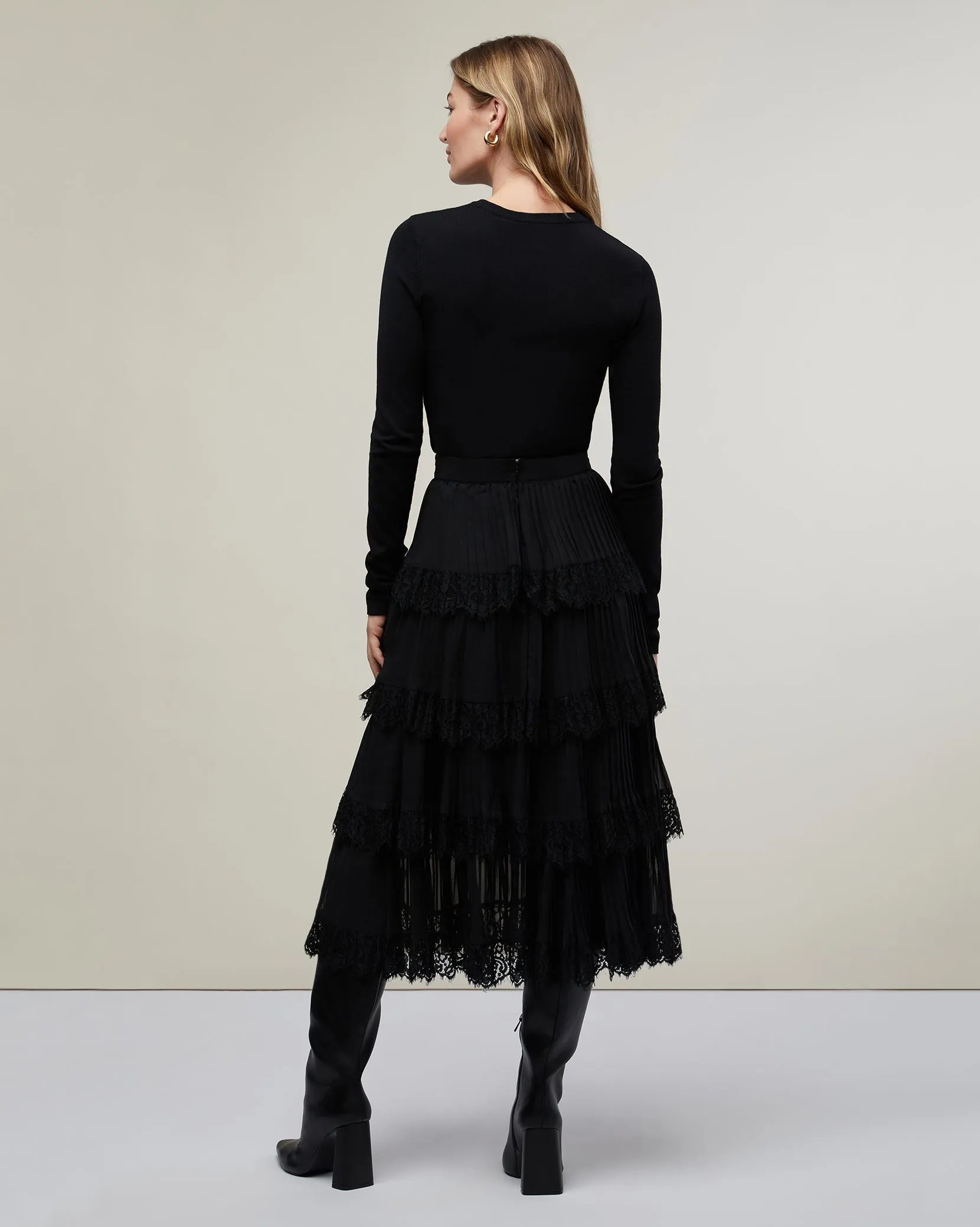 Tiered Pleated Skirt with Lace Trim