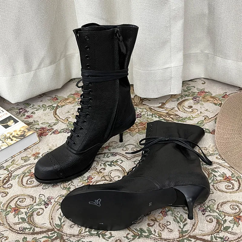 Vintage Martin Boots Square Toe Lace Up Kitty Heel Women's Boots In Coffee/Black