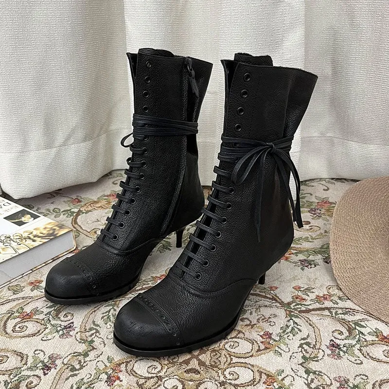 Vintage Martin Boots Square Toe Lace Up Kitty Heel Women's Boots In Coffee/Black